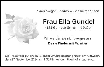 Traueranzeige von Ella Gundel von Pegnitz-Zeitung